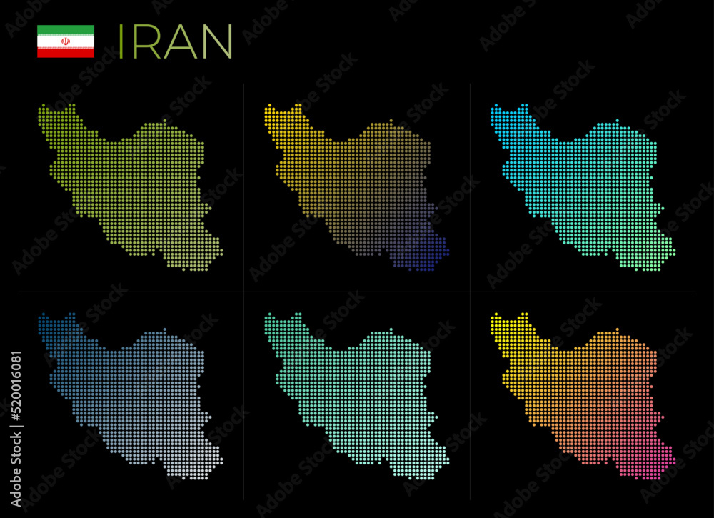 Poster iran dotted map set. map of iran in dotted style. borders of the country filled with beautiful smoot