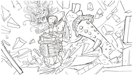 The fighter demon girl, smashing a stone into dust with her huge mechanical iron steampunk hand. She is in ragged light clothes, she has disheveled hair billowing up. 2d dynamic action art