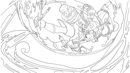 A determined cute anime girl, magical calligrapher, she unfolds an enchanted fire scroll making a stroke with a calligraphic brush summoning blots spiraling around her. 2d comics action art