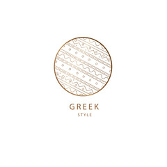 Vector Greek round golden ornament of geometric elements of nature, mountains, sun, rivers. Sacred round symbol, logo, emblem of the ancient Greeks. Royal, royal icon, business emblem, tattoo