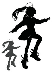A black silhouette of a girl running cute skipping in huge sneakers, a summer dress with sleeves and two pigtails. 2d dynamic anime art
