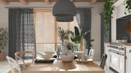 Wooden country dining table setting in white and gray tones. Kitchen, pendant lamps and window. Scandinavian boho interior design