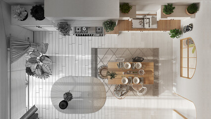 Architect interior designer concept: hand-drawn draft unfinished project that becomes real, wooden country kitchen. Scandinavian boho interior design. Top view, plan, above