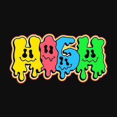 Trip quote,melt emoji face print for t-shirt.Vector hand drawn cartoon character illustration.Trip text.Funny trippy letters,acid fashion print for t-shirt,poster,logo art concept