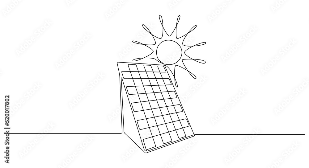 Poster one continuous line drawing of solar panel with sun. green energy in simple linear style. renewable 
