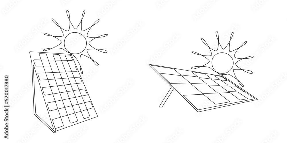 Poster one continuous line drawing of solar panels with sun. green clean energy in simple linear style. ren