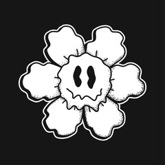 Funny melt smile flower chamomile face print for t-shirt.Vector crazy cartoon character illustration.Smile techno face,melting,acid,trippy,techno,flower t-shirt,poster,sticker,badge print concept