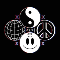 Yin Yang,sphere,smile face,peace signs.Vector line graphic illustration logo design.Yin yang,earth sphere,smile face,hippie peace symbol,techno,glitch print for t-shirt,tee,poster concept - obrazy, fototapety, plakaty