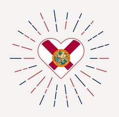 Florida heart with flag of the us state. Sunburst around Florida heart sign. Vector illustration.