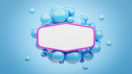 Banner with glossy pink frame and spheres cluster. Abstract composition for trendy banner or poster design. Mockup with 8K UHD image resolution. 3D artwork