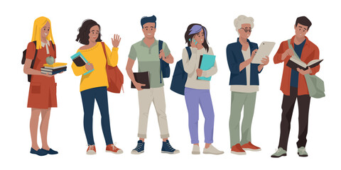 Obraz premium Students, pupils. Guys and girls with books and briefcases. Back to school. Vector image.