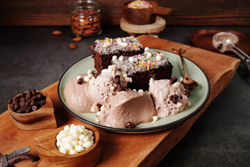 Waffles with Chocolate Ice Cream and blueberries on the table
