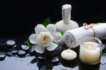 Still life of with 
gardenia with green leaves, and spa ball ,candle  zen black stones,towel  on wet background

