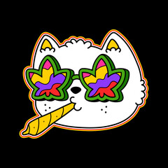 Trippy cat with weed joint t-shirt print design. Vector logo cartoon character illustration. Trippy cat,psychedelic kittie,smoke weed,joint,marijuana print for t-shirt,poster,sticker,logo art concept