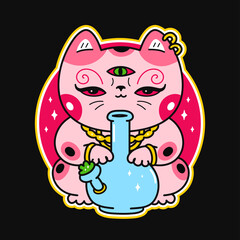 Cute funny kawaii asian Maneki-neko cat with bong. Vector cartoon kawaii character illustration logo design.Positive vintage cat, weed, marijuana,smoke cannabis,bong print for t-shirt,tee,logo concept