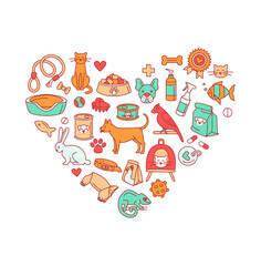 Pet store dogs, cats, birds, other animals heart shape pattern