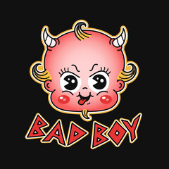 Funny baby devil head print for t shirt. Vector line doodle traditional retro cartoon illustration. Bad boy quote. Funny vintage cartoon demon print poster,t-shirt,sticker concept