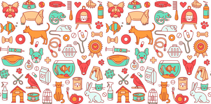 Pet store dogs, cats, birds, other domestic animals seamless pattern
