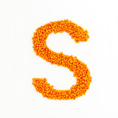 Capital letter S made from red lentils. Lentil font. White background. Bright font for menu or food blog. Lettering design element. Init cap