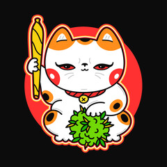 Cute funny kawaii asian Maneki-neko cat with joint and weed bud. Vector cartoon kawaii character illustration logo design. Cat, weed, marijuana,smoke cannabis,bong print for t-shirt,tee,logo concept