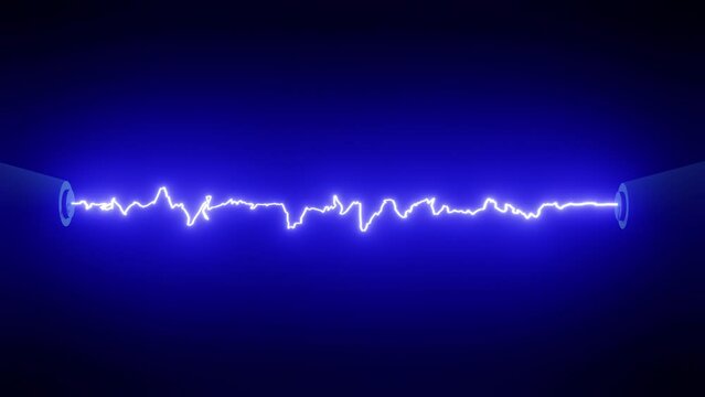 Electrical arc between two objects. Blue glow from electric discharge on dark background. Abstract, looped, animated background.