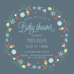 Baby Shower Invitation, floral illustrated wreath