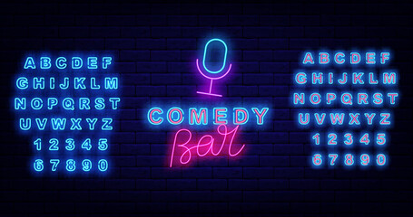 Comedy bar neon signboard. Stand up concert logo with microphone. Comic show. Vector stock illustration - obrazy, fototapety, plakaty