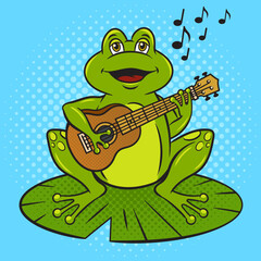cartoon frog plays guitar ukulele and sings song pop art retro vector illustration. Comic book style imitation.