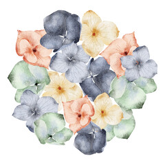 Watercolor hydrangea flowers bouquet hand drawn composition, isolated