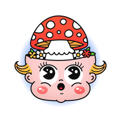Funny baby head with amanita mushroom print for t shirt.Vector line doodle traditional retro cartoon illustration.Funny vintage cartoon print poster,t-shirt,sticker concept
