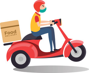 Express Delivery, Red Scooter delivery, Online delivery service, online order tracking,  home delivery, shipping. Man on the bike with mask