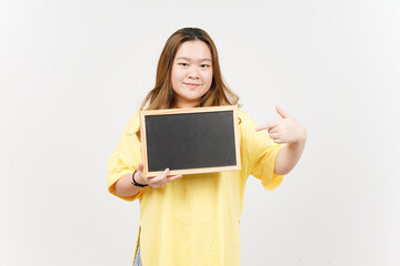 Showing, Presenting and holding Blank Blackboard of Beautiful Asian Woman wearing yellow T-Shirt