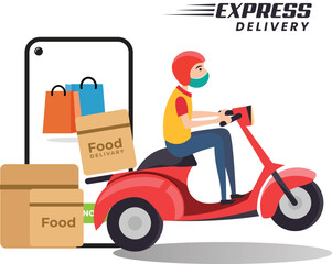 Express Delivery, Scooter delivery, Online delivery service, online order tracking,  home delivery, shipping. Man on the bike with mask