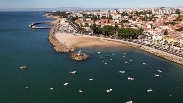 Aerial View Paco de Arcos bay - Artificial geyser - Oeiras, Portugal on a summer day