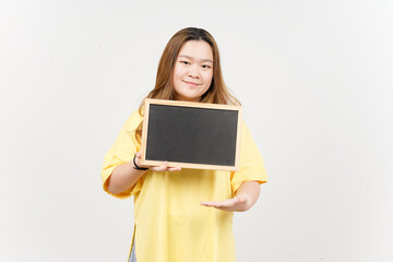 Fototapeta premium Showing, Presenting and holding Blank Blackboard of Beautiful Asian Woman wearing yellow T-Shirt