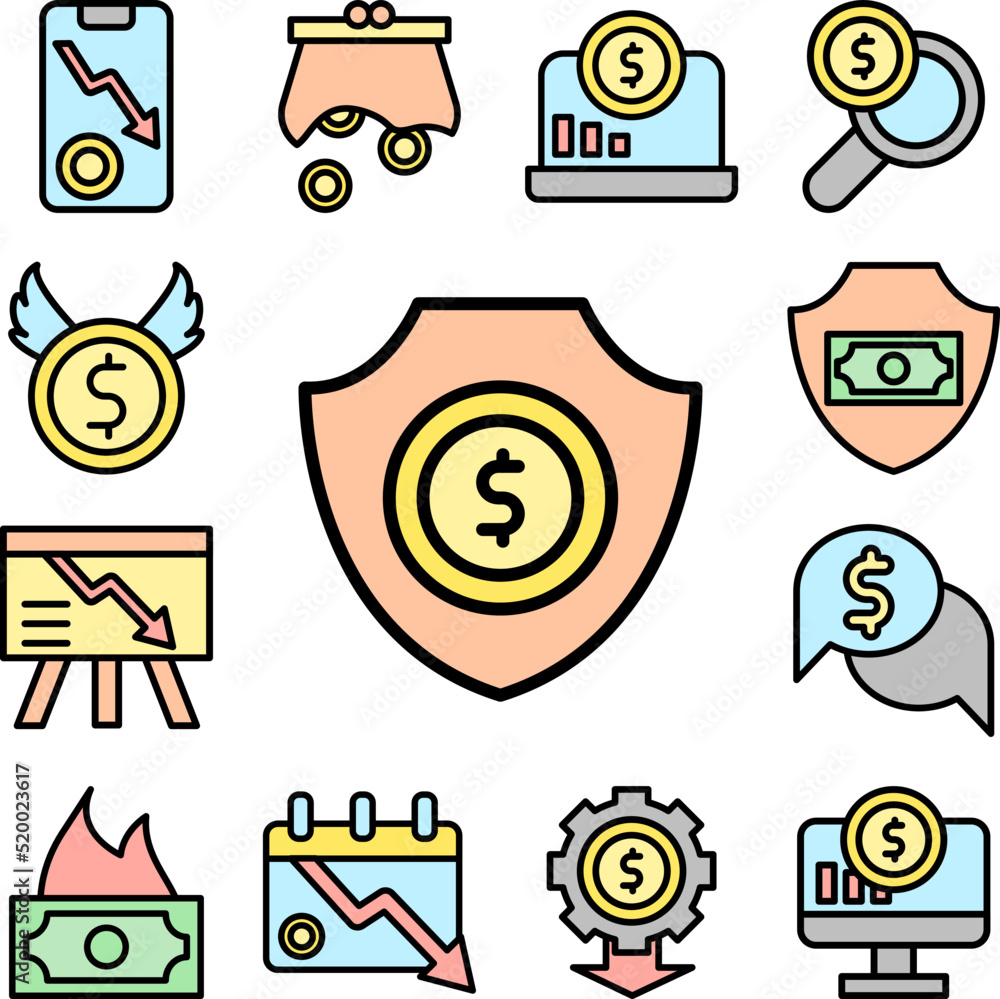 Poster shield coin dollar icon in a collection with other items