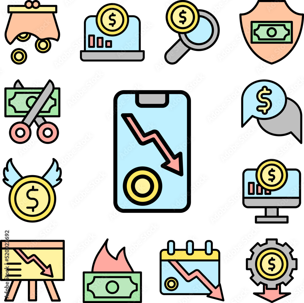 Poster smartphone arrow down coin icon in a collection with other items