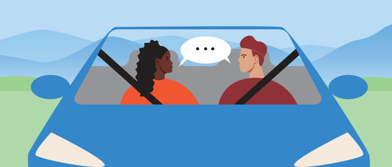 African woman and man as couples chatting in front seat in car on road trip, flat vector stock illustration