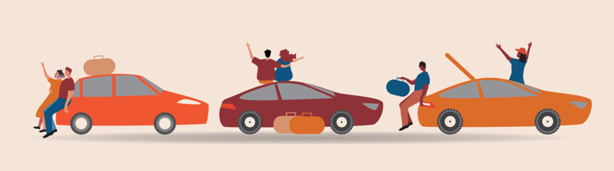 People with car and luggage on road trip isolated, flat vector stock illustration, set with different couples