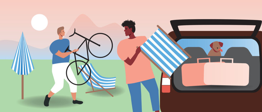 LGBTQ Couple Packing Their Vehicles With Supplies, Bags, Bike, Beach Chairs And Dog In Car, Flat Vector Stock Illustration With Road Trip