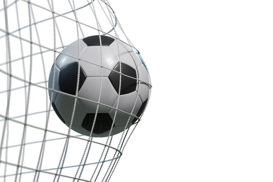 Soccer ball, scoring the goal and moving the net isolated on white background. 3D illustration.