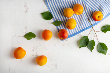 Overhead view of ripe summer apricots fruits top view copy space recipe