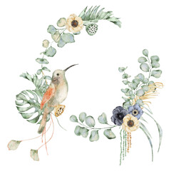 Fototapeta na wymiar Watercolor wreath with hummingbird, flowers, eucalyptus and monstera leaves. Hand drawn illustration