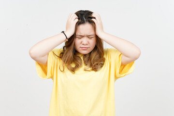 Suffering Headache of Beautiful Asian Woman wearing yellow T-Shirt Isolated On White Background