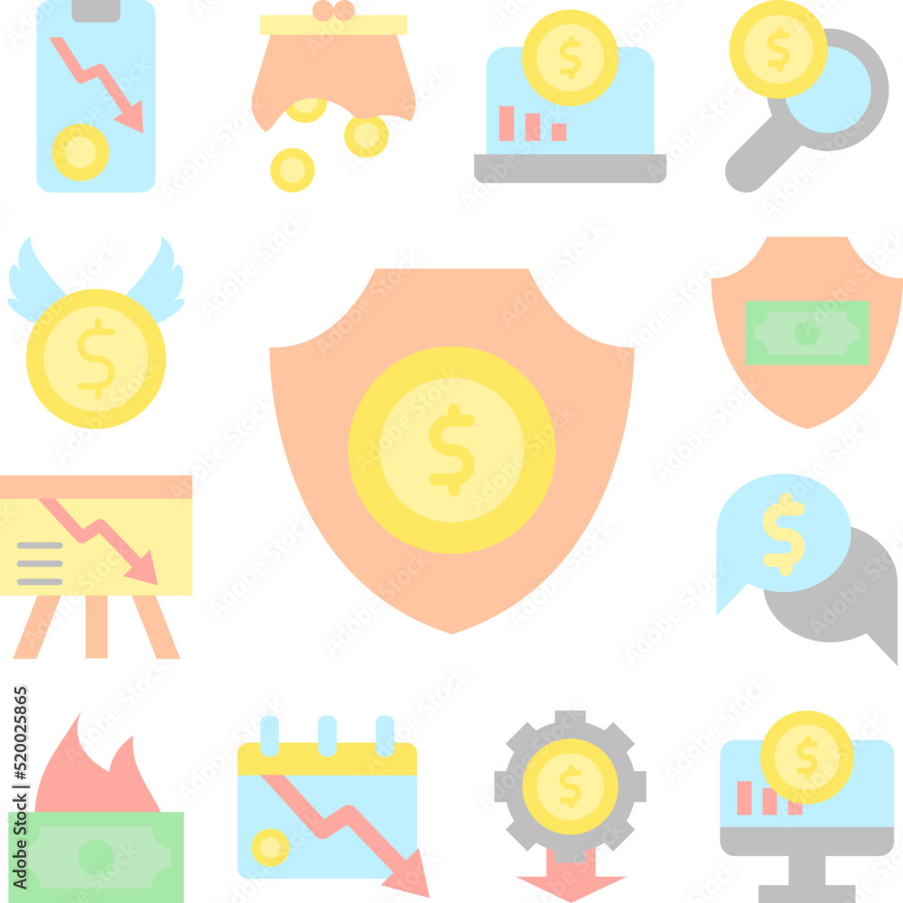 Poster shield coin dollar icon in a collection with other items