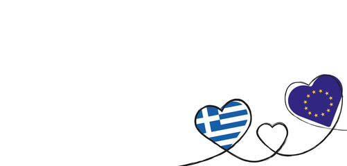 Drei Herzen mit den Flaggen der EU und Griechenlands