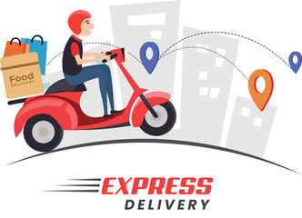 Express Delivery, Red Scooter delivery, Online delivery service, online order tracking,  home delivery, shipping. Man on the bike 
