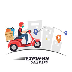 Express Delivery, Red Scooter delivery, Online delivery service, online order tracking,  home delivery, shipping. Man on the bike with mask