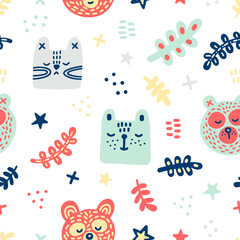 Cute children's vector pattern in scandinavian style on a white background. Pastel cartoon teddy bears, cats, twigs and stars for prints, backgrounds, textiles, wrappers, cards, decor, interior, kids © Libradaria