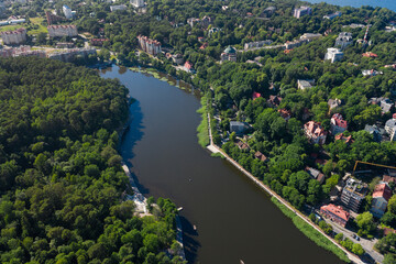 Fototapeta na wymiar Svetlogorsk town and Tikhoe lake. Kaliningrad region. Aerial view